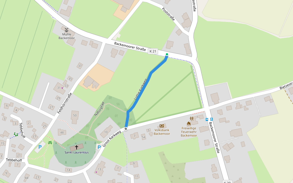 Lüttje Karkweg walking route map in Rhauderfehn