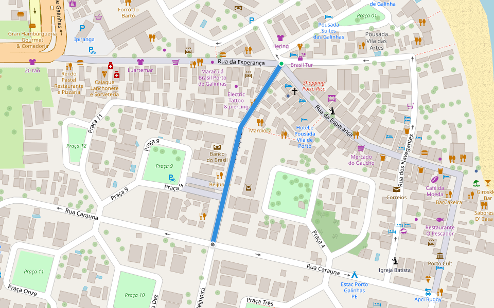 Rua Beijupirá walking route map in Porto de Galinhas