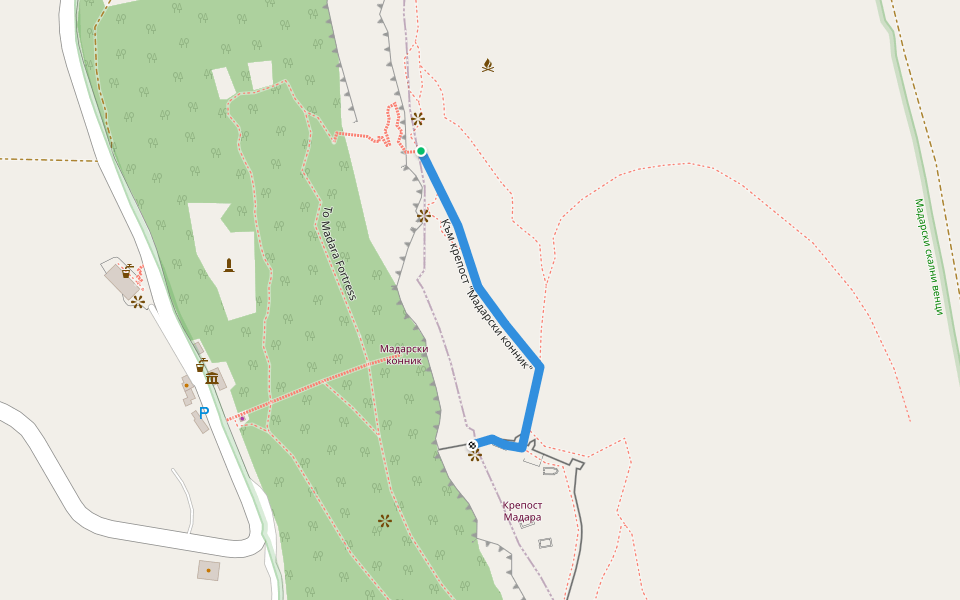 Към крепост "Мадарски конник" walking route map in Madara