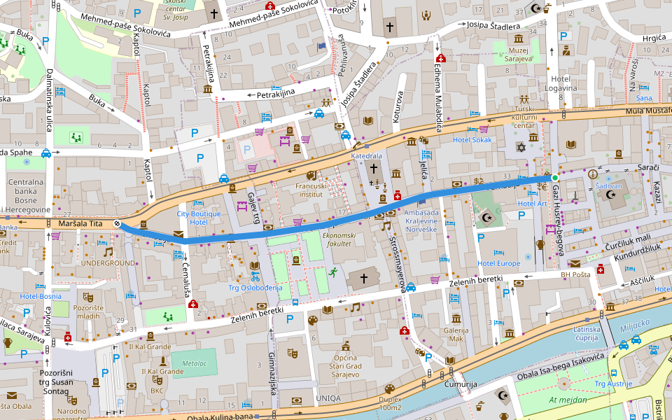 Ferhadija walking route map in Sarajevo