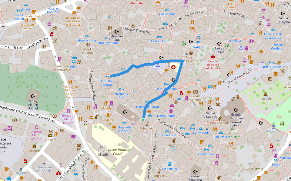 Rue El Kharazine زنقة الخرازين walking route map in Chefchaouen