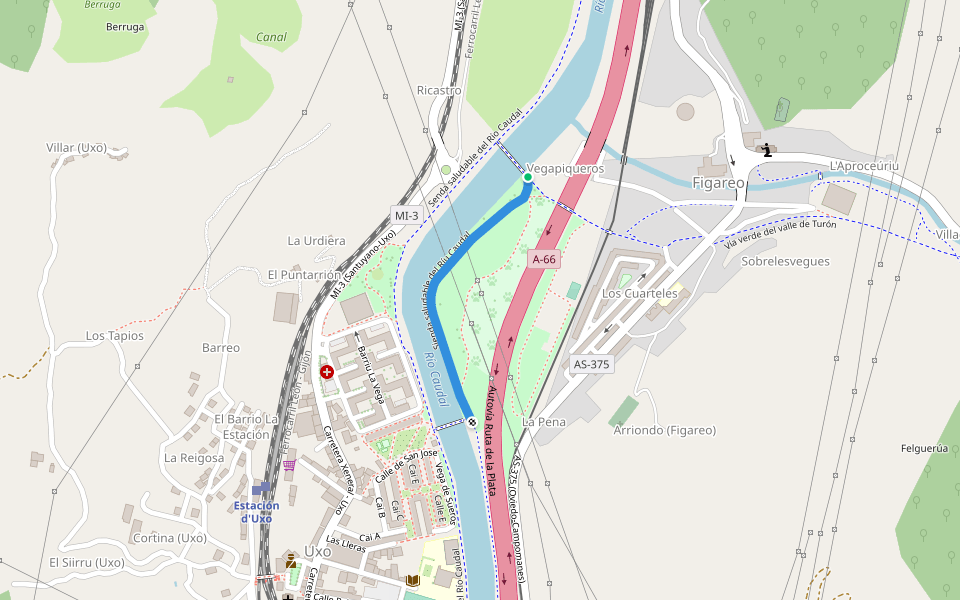 Sienda saludable del Ríu Caudal walking route map in Vega de los Piqueros