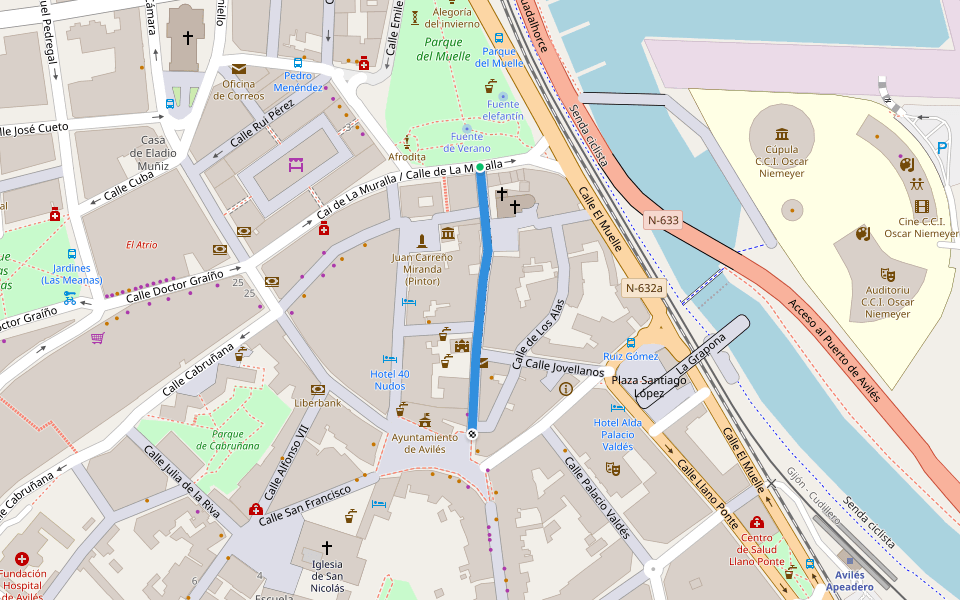 Calle La Ferrería walking route map in Avilés