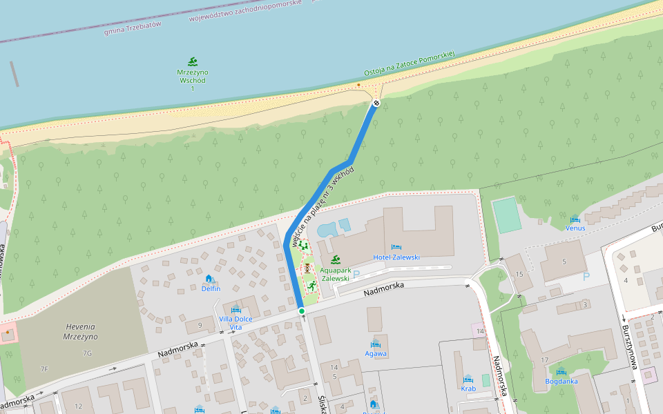 wejście na plażę nr 3 wschód walking route map in Mrzeżyno