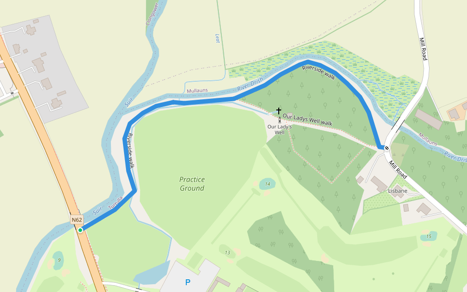 Riverside walk walking route map in Thurles