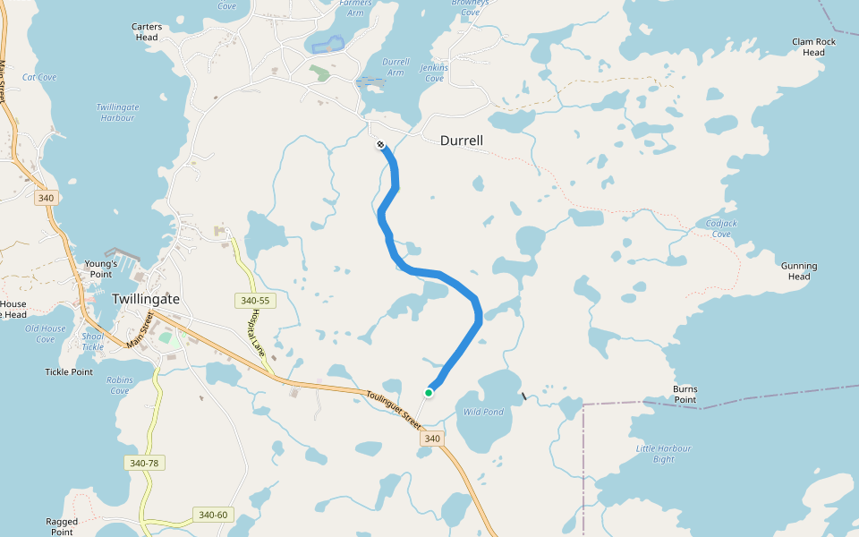 Minty's Farm Trail walking route map in Twillingate
