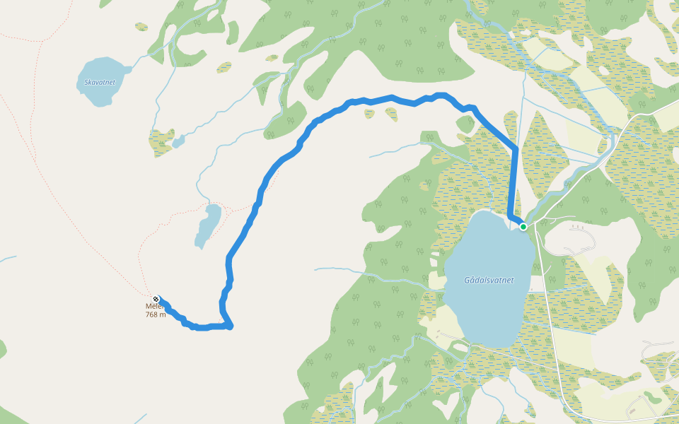 Gådalsvatnet-Melen walking route map in Gaustad