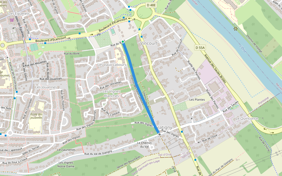 Chemin des Vaux-Labours walking route map in Jouy-le-Moutier