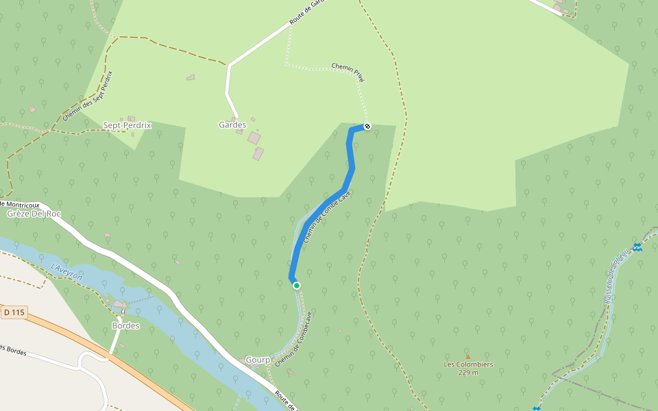 Chemin de Combe Cave walking route map in Bruniquel