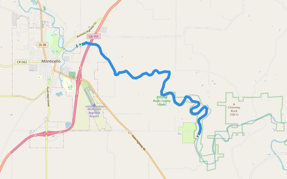 Maquoketa River Canoe Trail walking route map in Monticello
