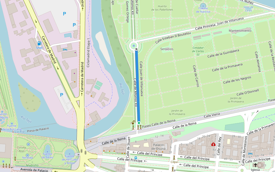 Calle Juan de Cuéllar walking route map in Aranjuez
