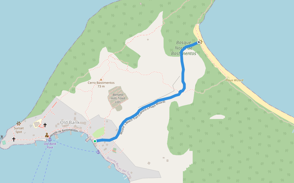 Wizard´ s Beach Trail (Camino a Playa Wizard) walking route map in Bastimentos Island