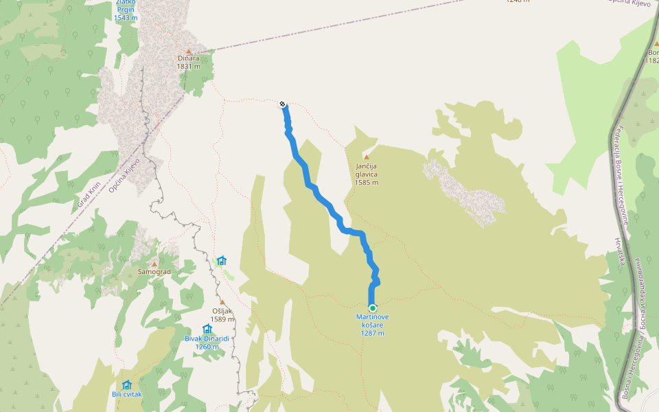 Uništa-Gornje Torine walking route map in Kijevo