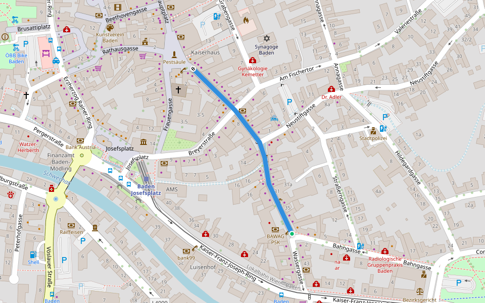 Wassergasse walking route map in Baden
