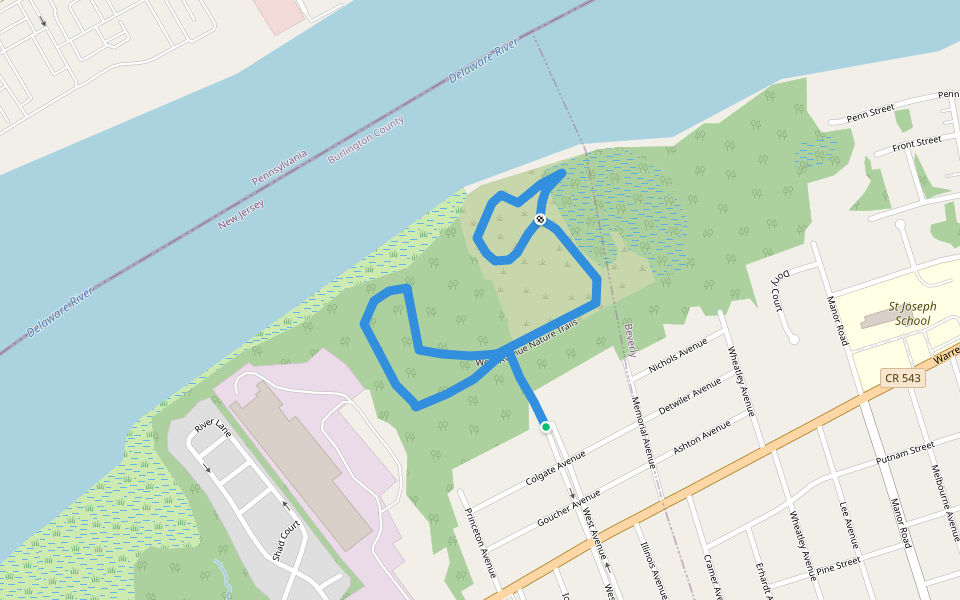 West Avenue Nature Trails walking route map in Delanco