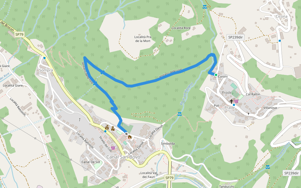 sentiero delle rore walking route map in Prade