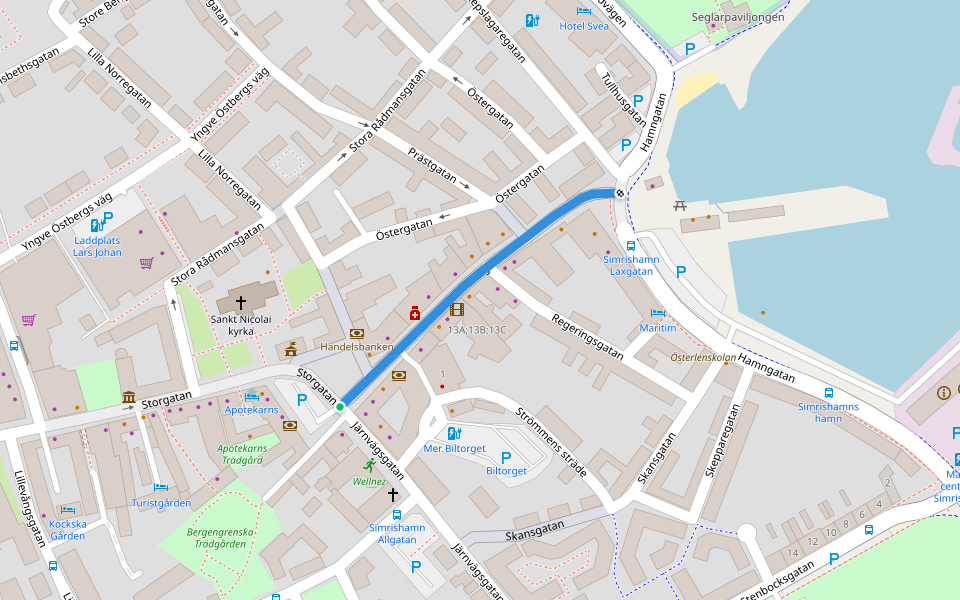 Storgatan walking route map in Simrishamn