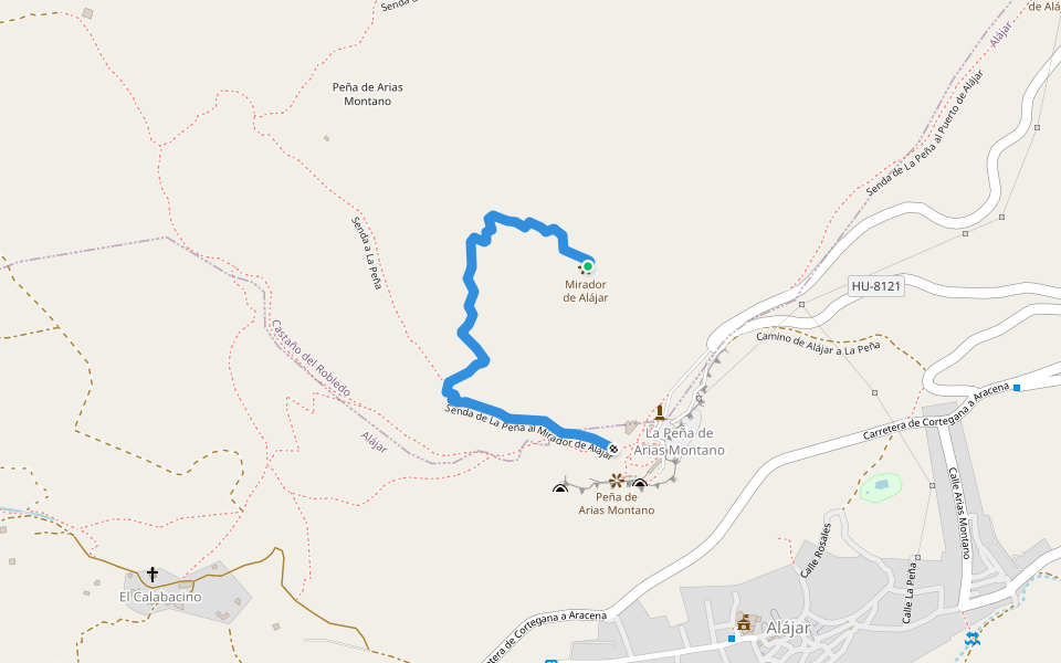 Senda de La Peña al Mirador de Alájar walking route map in Castaño del Robledo