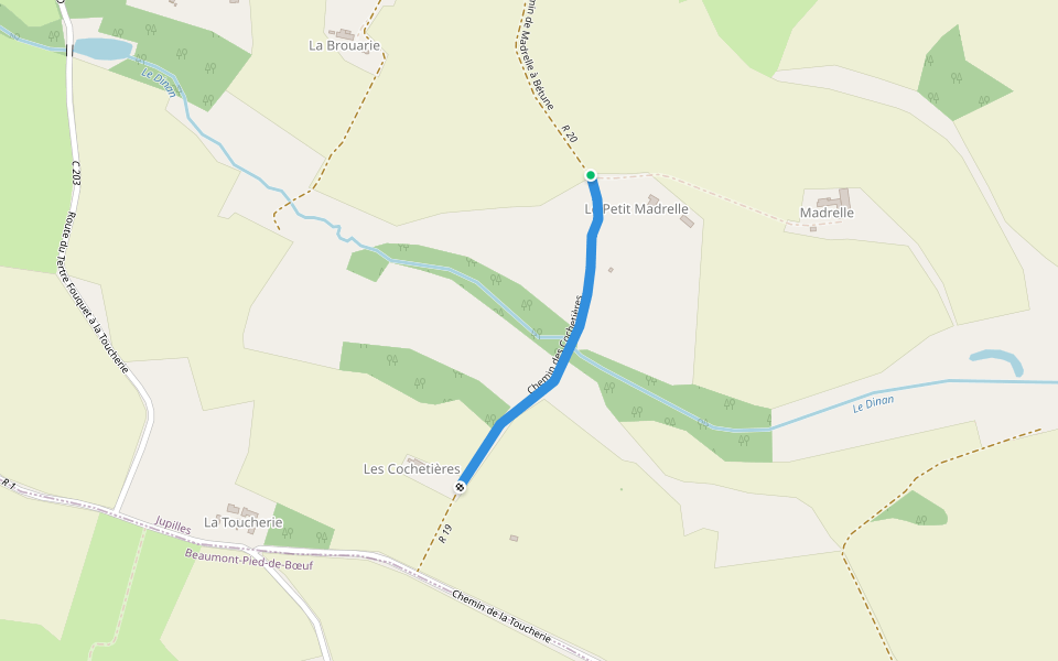 Chemin des Cochetières walking route map in Jupilles