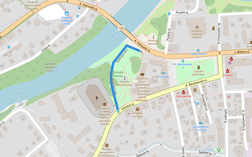 Vyskupo skv. walking route map in Anykščiai