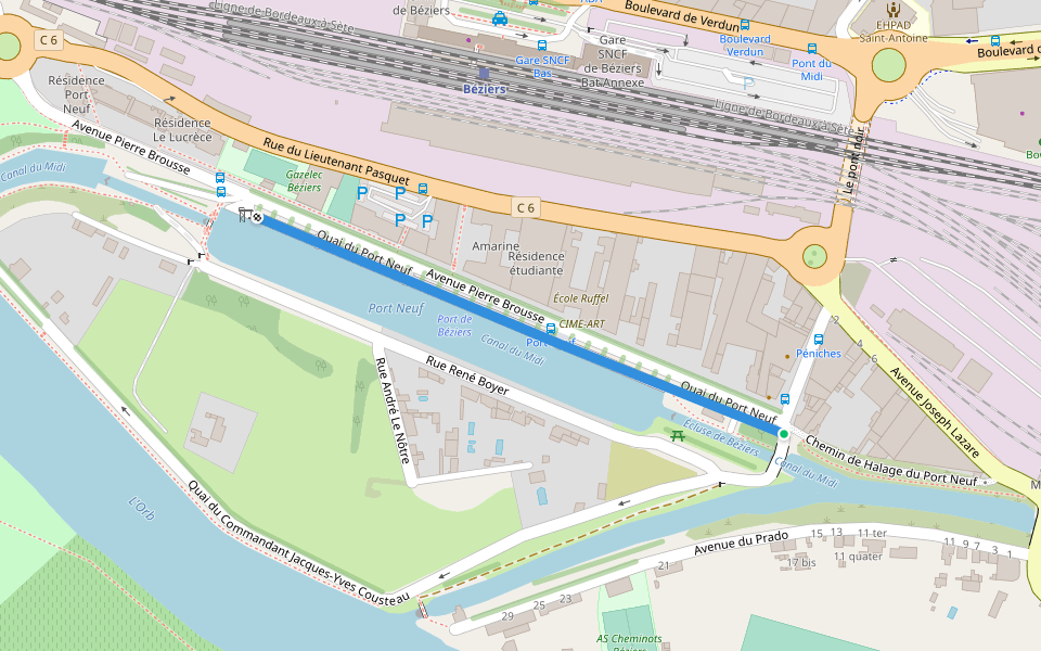 Quai du Port Neuf walking route map in Béziers