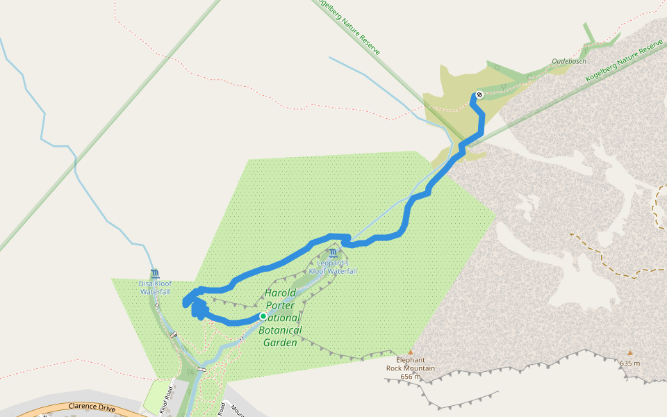 Zigzag to Border Trail walking route map in Betty's Bay