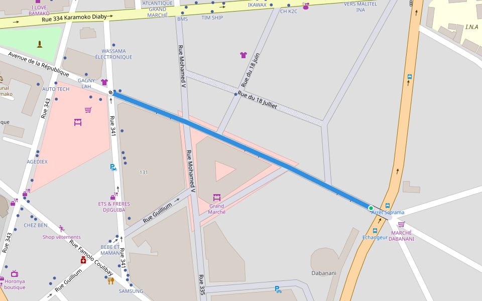 Avenue de la République walking route map in Bamako