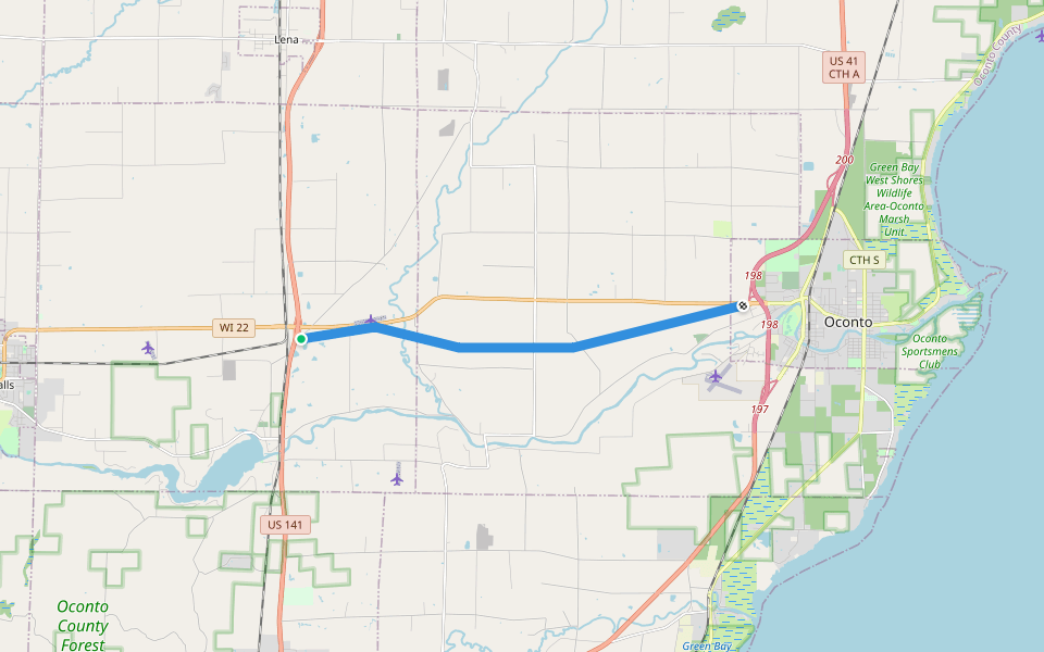 Oconto River State Trail walking route map in Lena