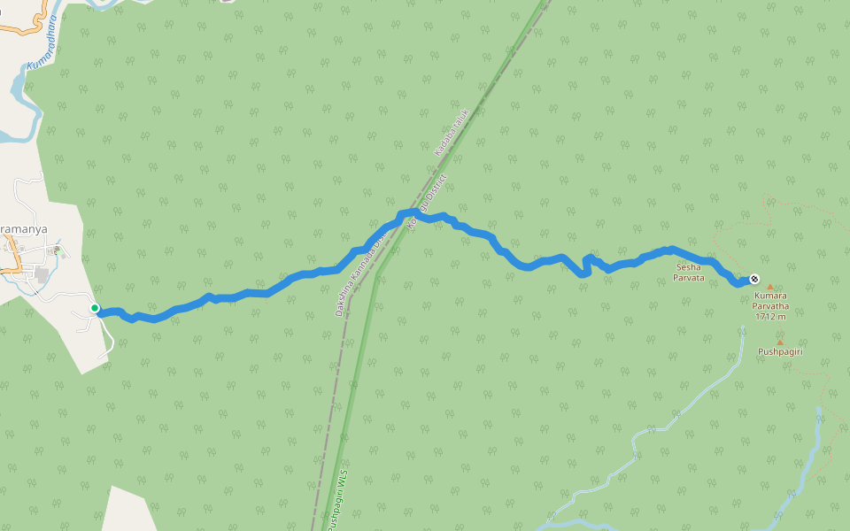 Kukke Subramanya to Kumara Parvatha Trail walking route map in Noochila