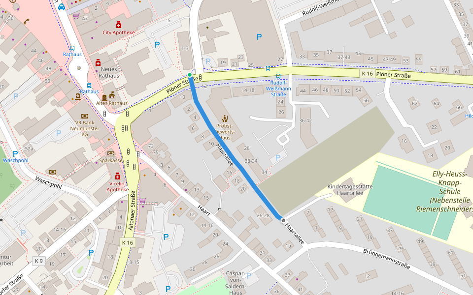 Haartallee walking route map in Neumünster