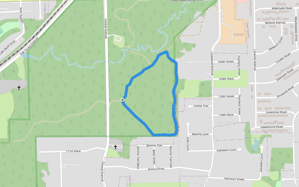 Tinley Creek Brown Unpaved Loop walking route map in Tinley Park