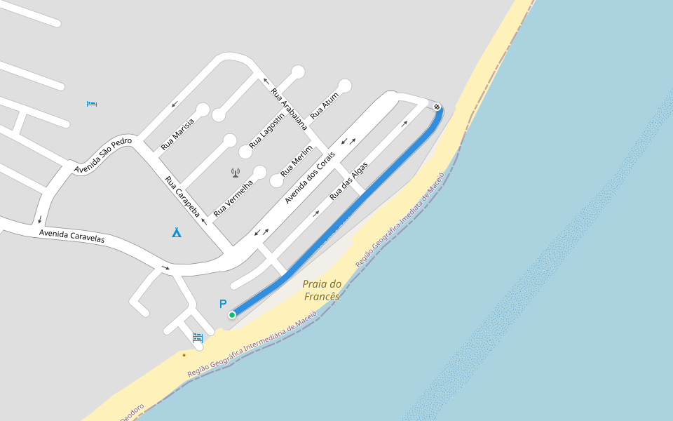 Avenida Verdes Mares walking route map in Marechal Deodoro