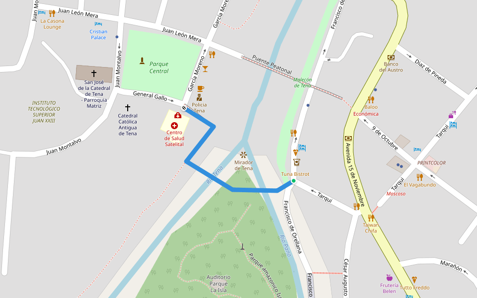 Puente Peatonal (Acceso al Parque La Isla) walking route map in Tena