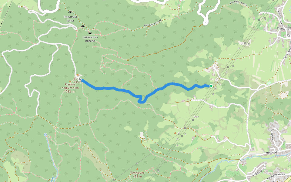 Planina via Špica walking route map in Vrhnika