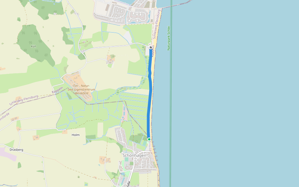 Weidefelder Strand walking route map in Brodersby