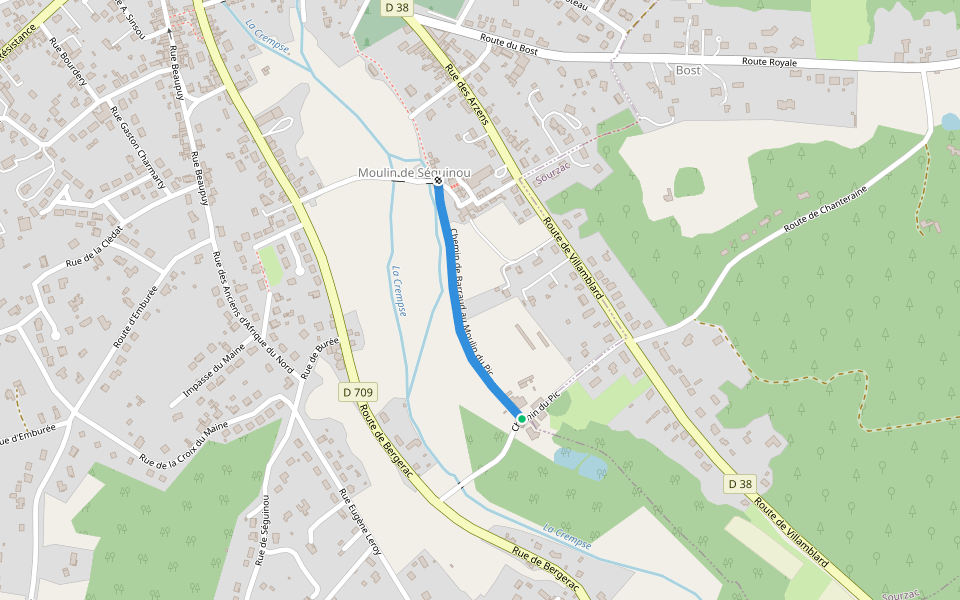 Chemin de Barraud au Moulin du Pic walking route map in Sourzac