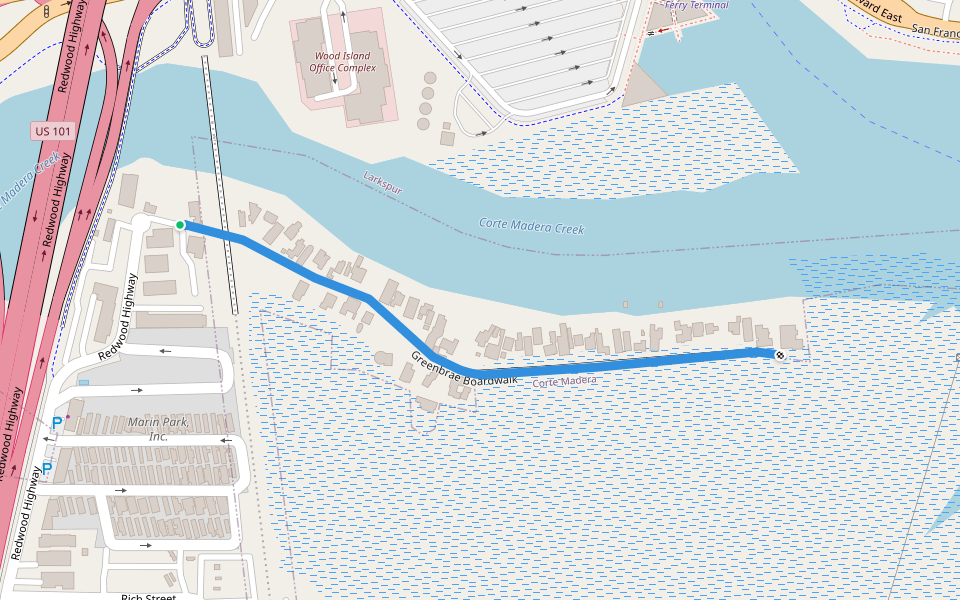 Greenbrae Boardwalk walking route map in Larkspur