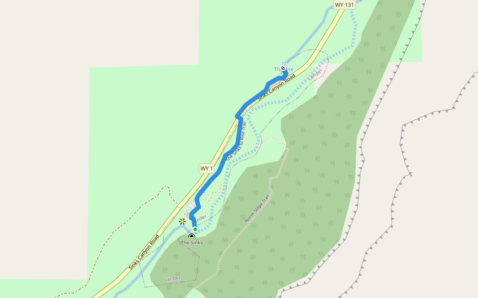 The Sinks to Rise Trail walking route map in Lander