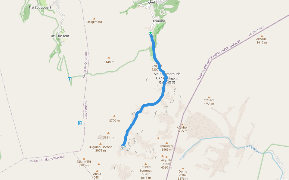 Arumd-Sidi Chamarouch-CAF Refuge walking route map in Aroumd