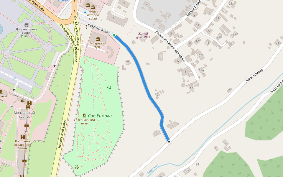 Казачий взвоз walking route map in Tobolsk