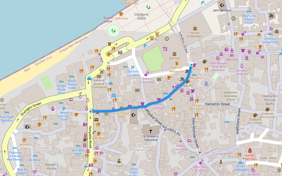 Gizenga Street walking route map in Zanzibar