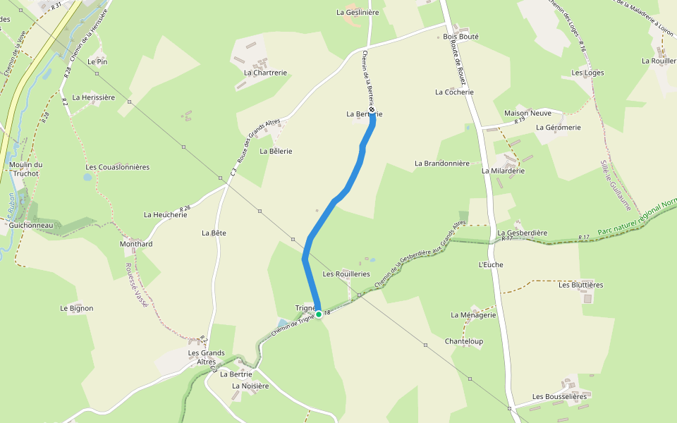 Chemin de Beauverger à Trigné walking route map in Les Hautes-Rivières