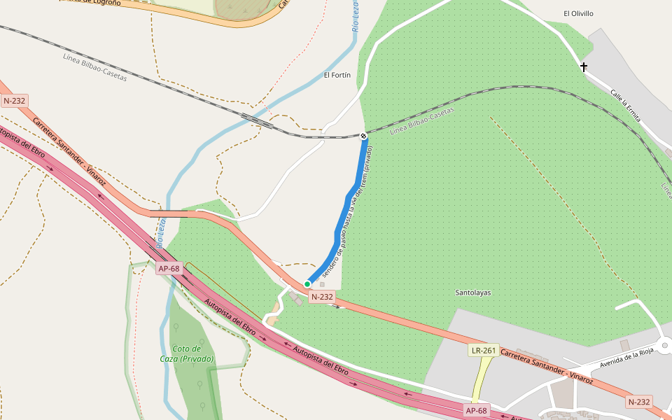 sendero de paseo hasta la via del trem (privado) walking route map in Agoncillo