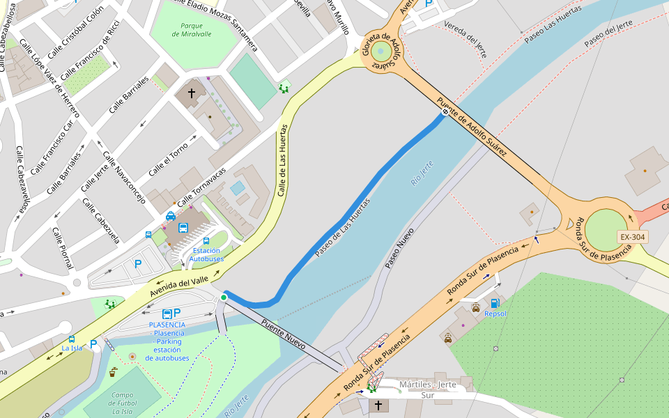 Paseo de Las Huertas walking route map in Plasencia