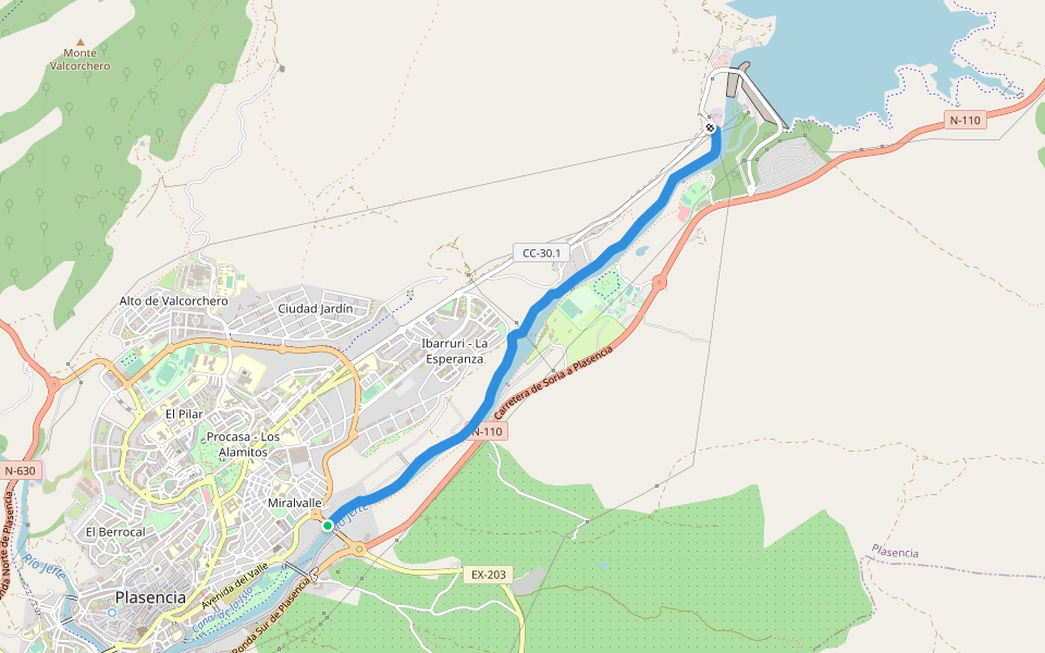 Paseo Las Huertas walking route map in Plasencia