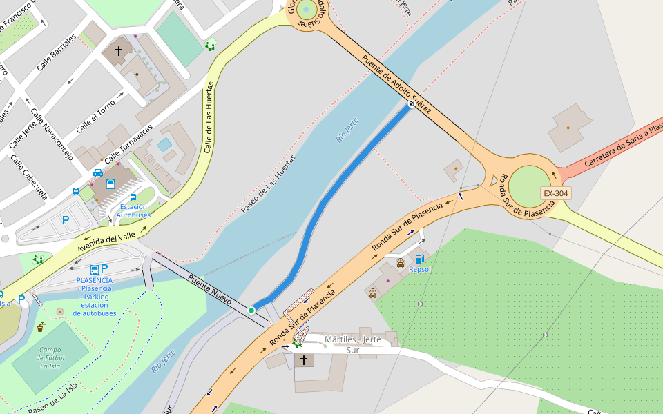 Paseo Nuevo walking route map in Plasencia