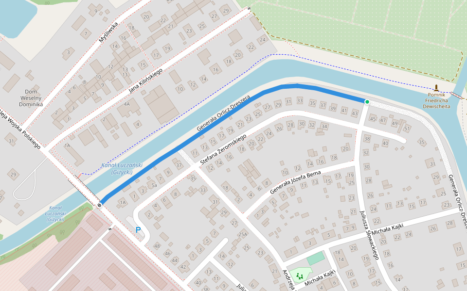 Generała Orlicz-Dreszera walking route map in Giżycko