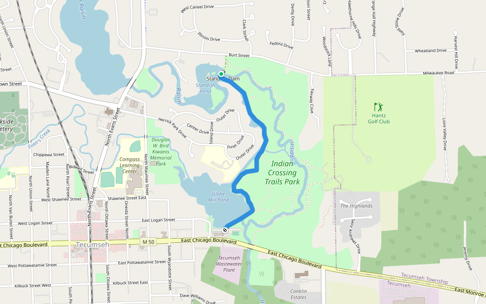 Main Trail walking route map in Tecumseh