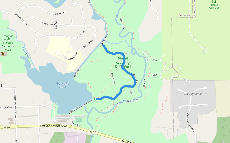 Outer Trail walking route map in Tecumseh