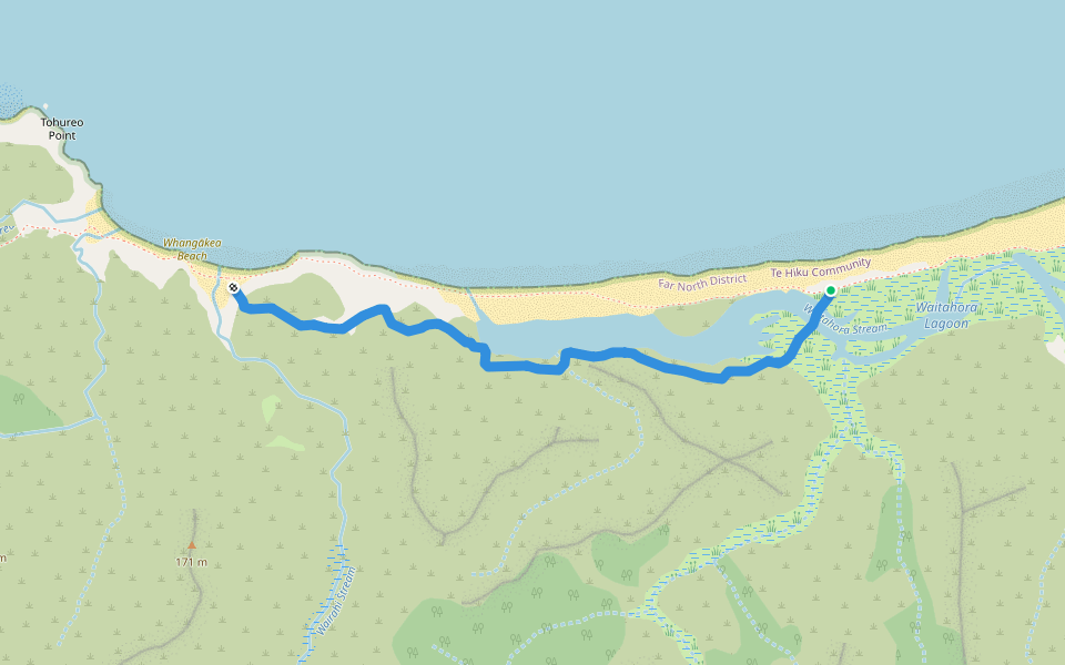 Cape Reinga Costal Walkway (high tide route) walking route map in Kohukohu